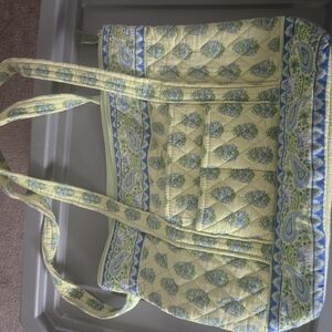 Yellow and Blue Quilted Tote Bag with Leaf Pattern